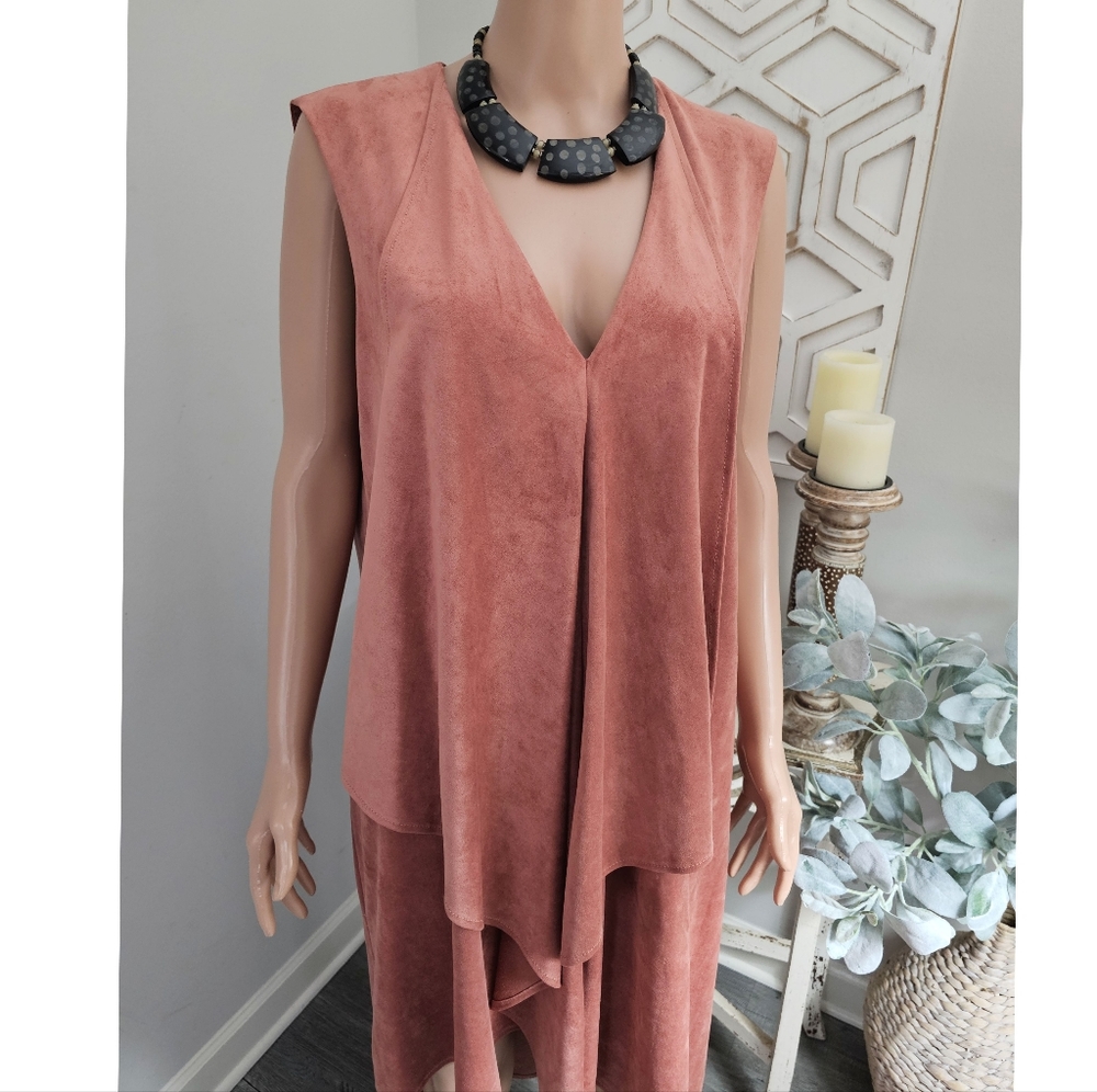 BCBG Maxazria Tara Cascade Pink Blush Luxurious Faux Suede Tunic Dress Size L